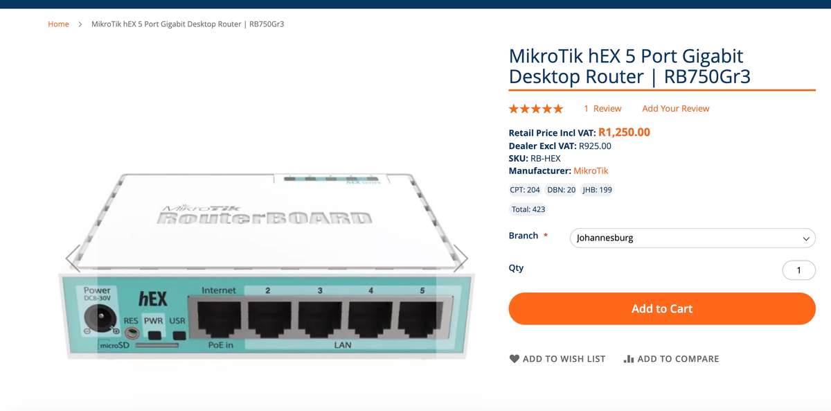 MikroTik hEX 5 Port Gigabit Desktop Router | RB750Gr3