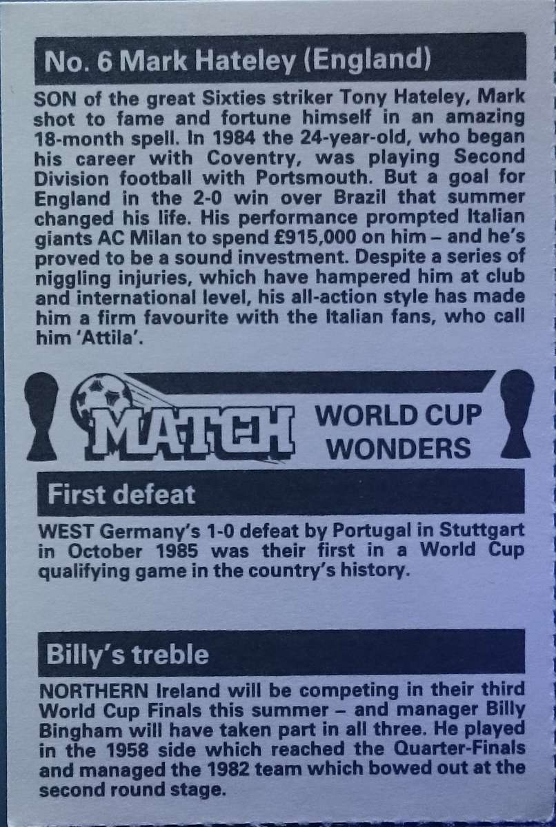 No. 6 Mark Hateley (England) Match World Cup Wonders Trading Card