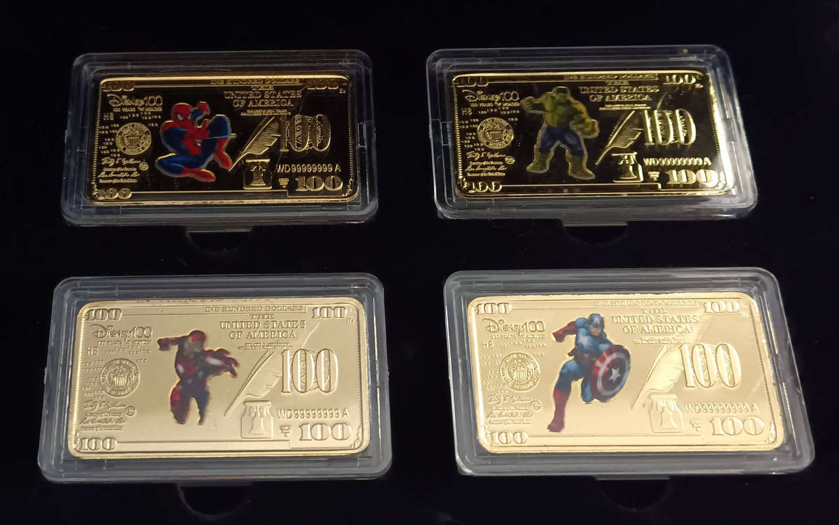 Marvel Disney 100th birthday  4 Coin Bars set special !  (Iron Man, Hulk, Spidey, Captain America).