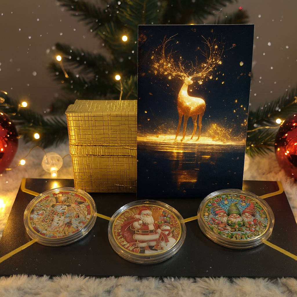 Gift set - 3 Christmas Gift medallion coins in boxes with greeting cards
