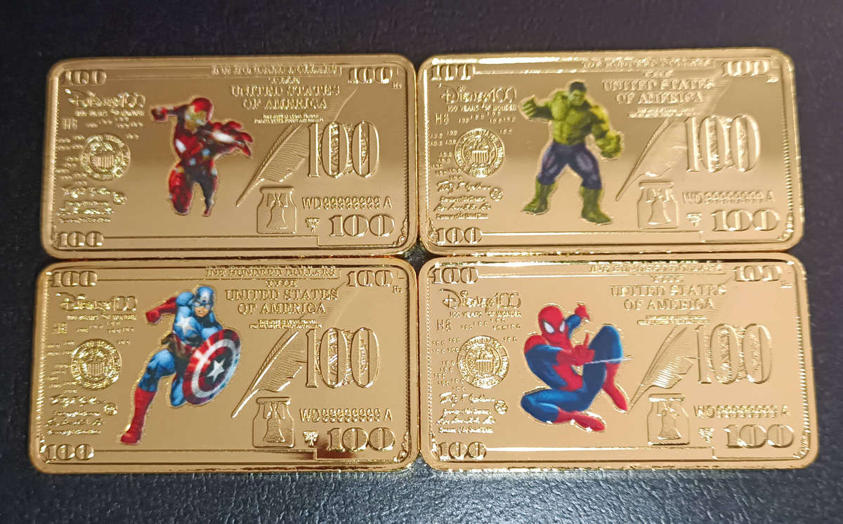 Marvel Disney 100th birthday  4 Coin Bars set special !  (Iron Man, Hulk, Spidey, Captain America).