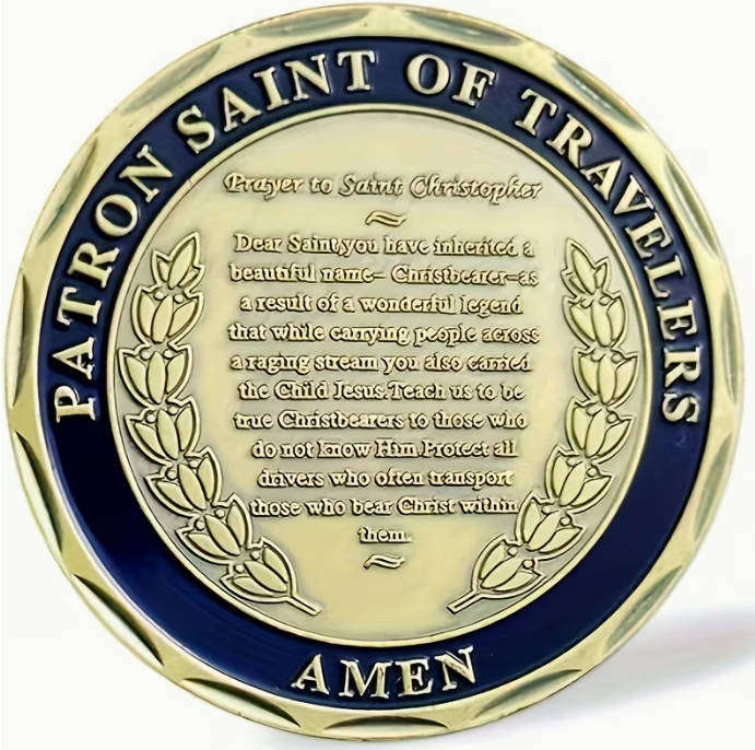 St. Christopher Golden Alloy Prayer Medallion - keep with you for Safe Journeys