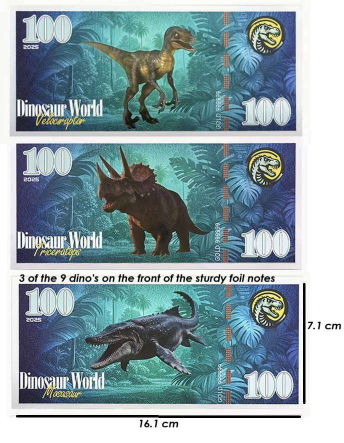 9 Pc Dinosaur World Reflective Foil Banknote Collection - 1 set (Fact - Dinosaurs are awesome)