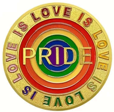 Human Rights day - 21 Mar: Encapsulated Love and Pride Medallion in transparent display case.