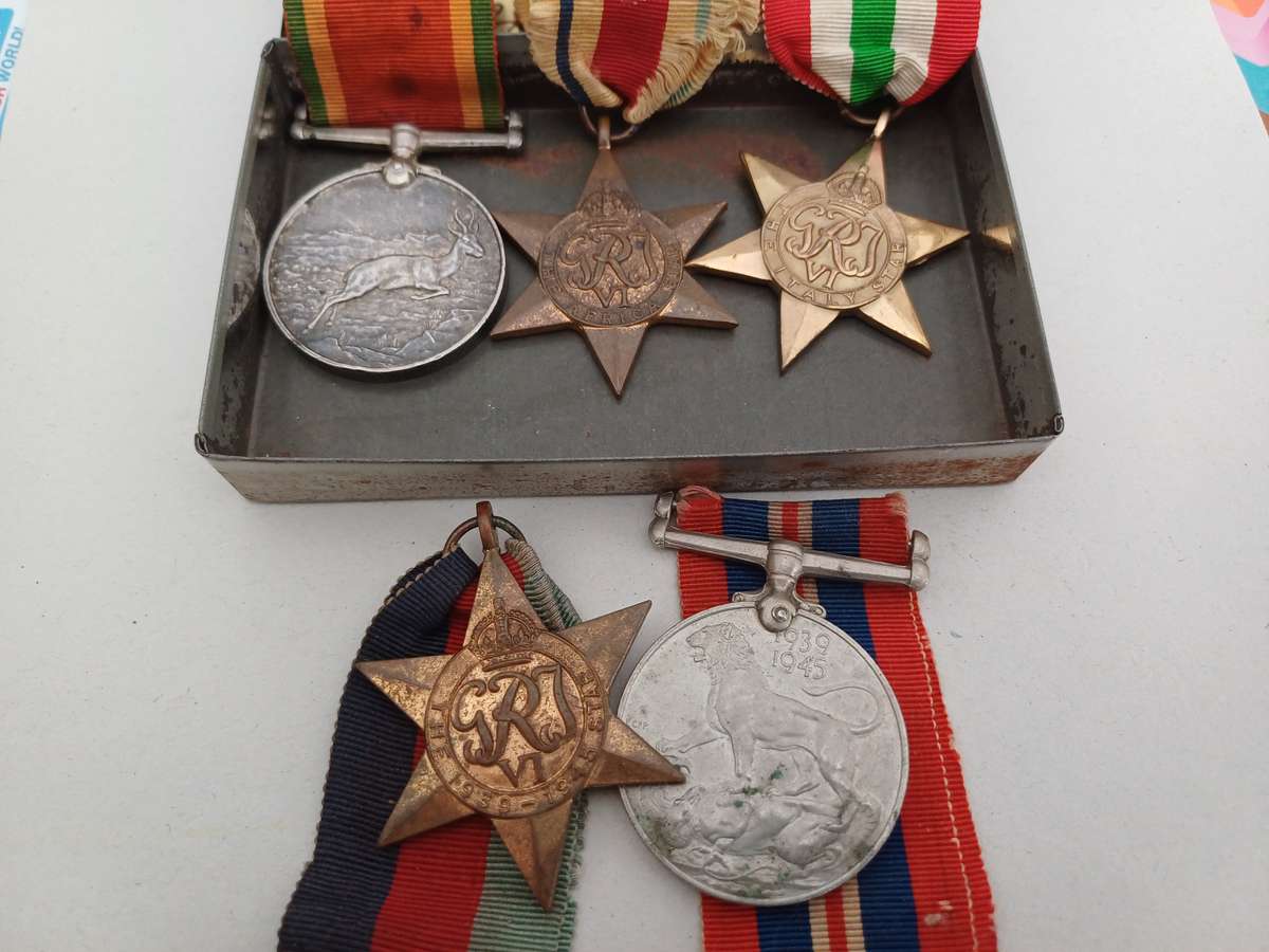 Group of Five WW2 Medals Issued to L.T. Young in WW2 1941 Jan Smuts Tin! With Ribbons!