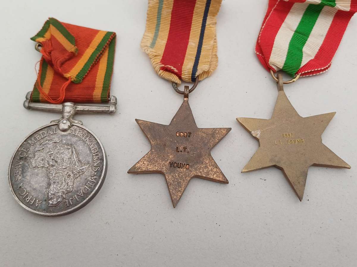 Group of Five WW2 Medals Issued to L.T. Young in WW2 1941 Jan Smuts Tin! With Ribbons!
