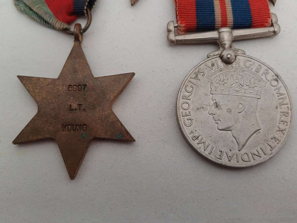 Group of Five WW2 Medals Issued to L.T. Young in WW2 1941 Jan Smuts Tin! With Ribbons!