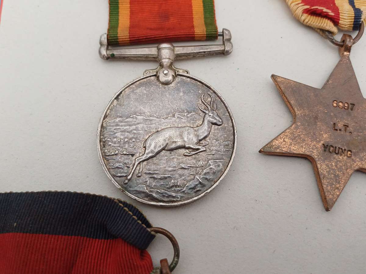 Group of Five WW2 Medals Issued to L.T. Young in WW2 1941 Jan Smuts Tin! With Ribbons!