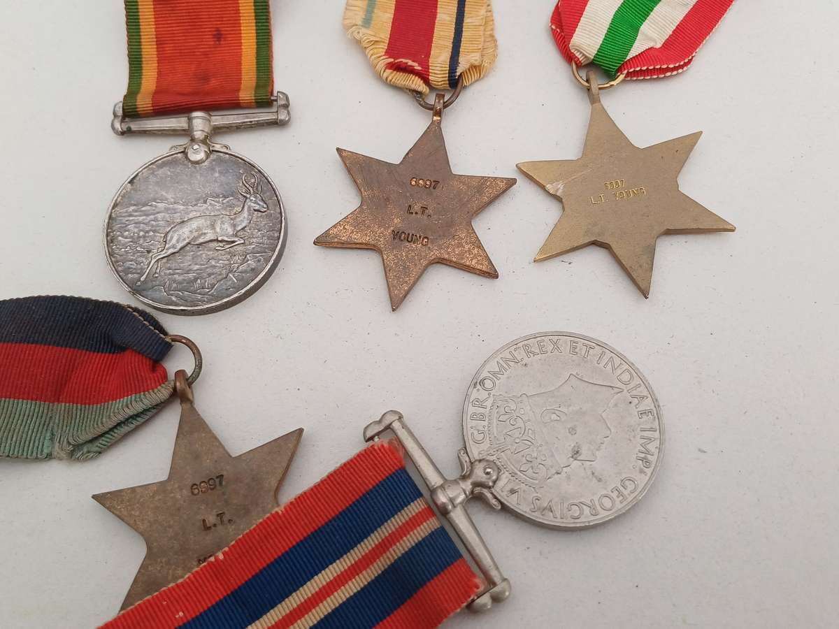 Group of Five WW2 Medals Issued to L.T. Young in WW2 1941 Jan Smuts Tin! With Ribbons!