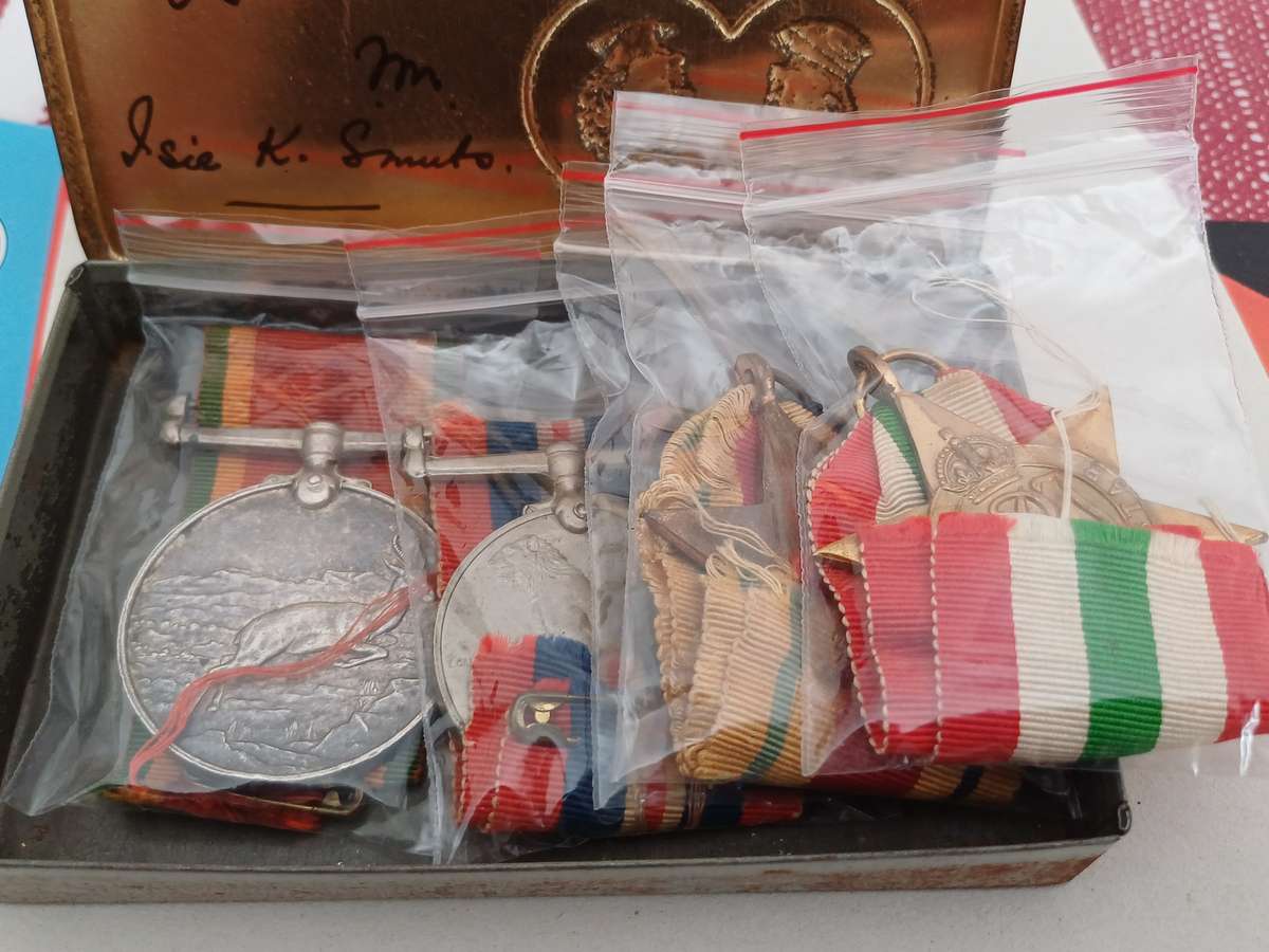 Group of Five WW2 Medals Issued to L.T. Young in WW2 1941 Jan Smuts Tin! With Ribbons!