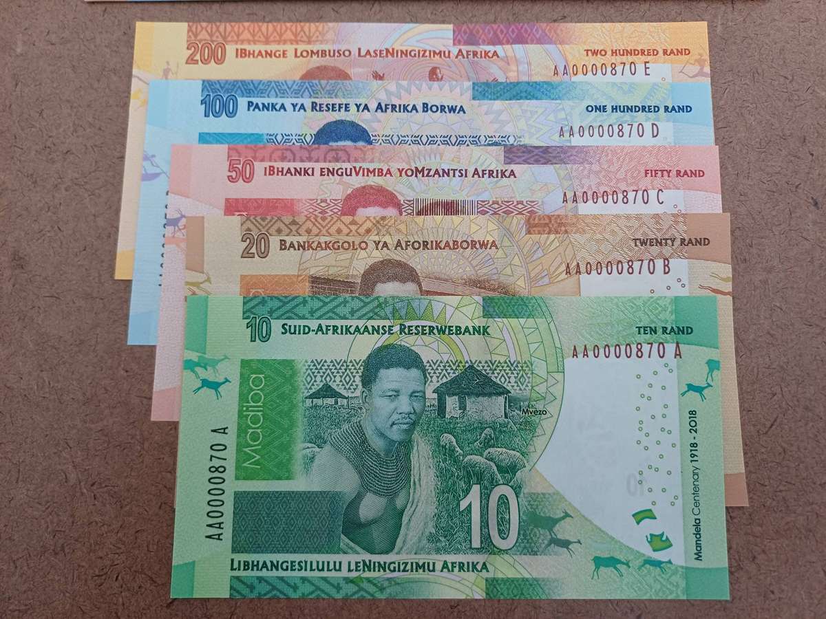 Complete Set of Mandela 2018 Centenary AA Low Numbered Banknotes - All With Same Serial Number!