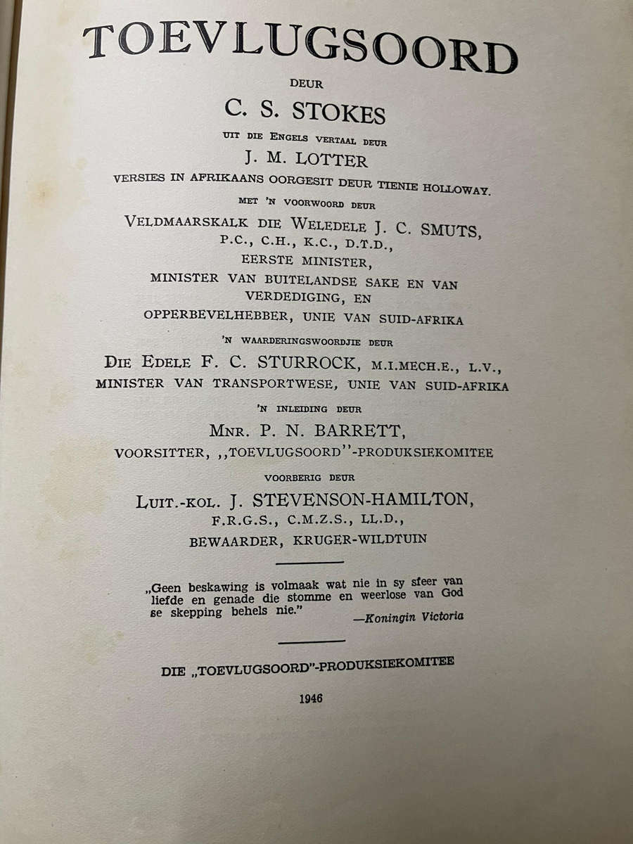 C. S, Stokes. Toevlugsoord. Geskiedenis van Kruger Nasionale Park.