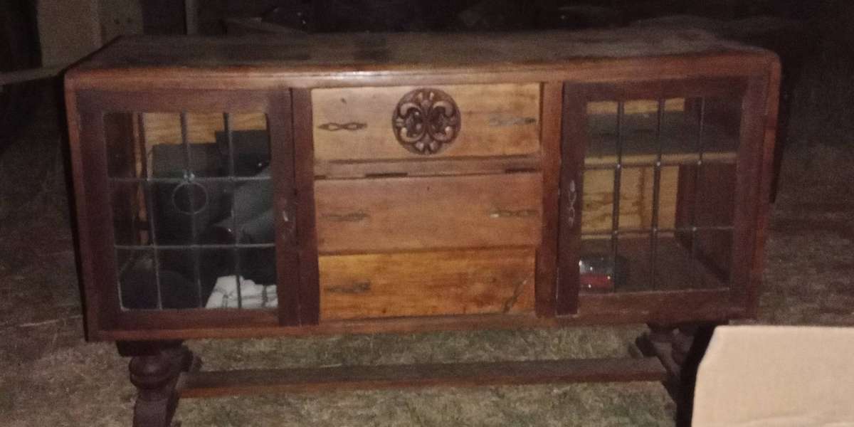 ANTIQUE SOLID WOODEN CABINET WITH GLASS DOORS - VINTAGE CHARM