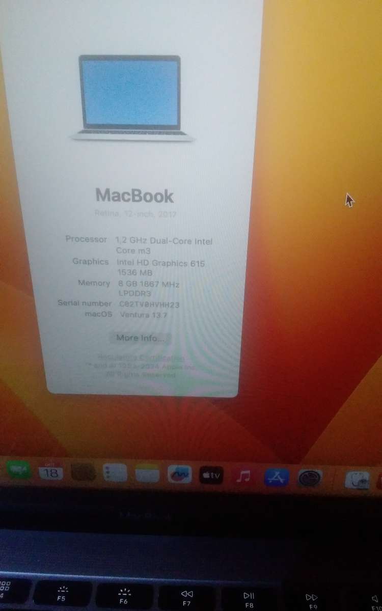 MacBook A1534 12" M3, 8GB, 256GB M.2 SSD, 1.5GB GPU, Ventura 13.7, Battery Last 10 Days, No icloud