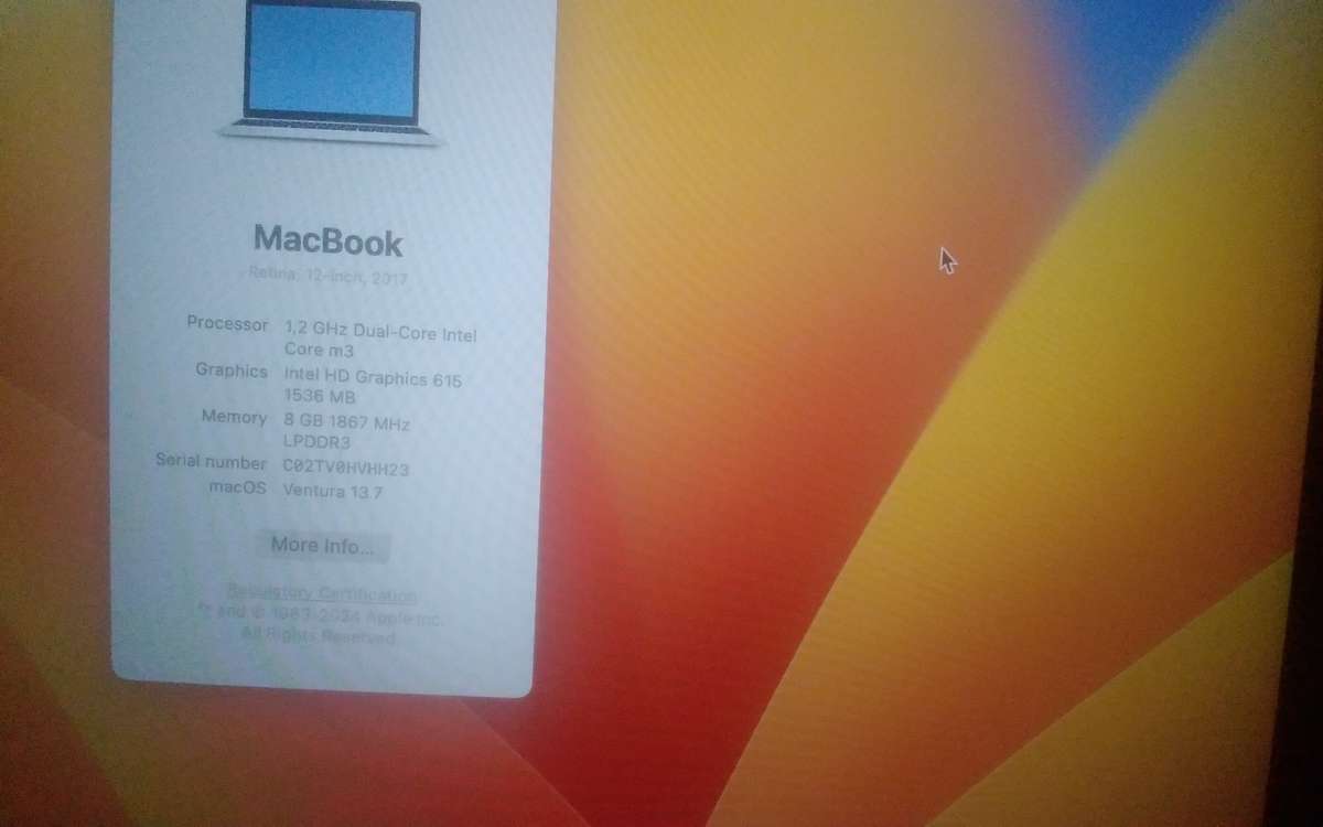 MacBook A1534 12" M3, 8GB, 256GB M.2 SSD, 1.5GB GPU, Ventura 13.7, Battery Last 10 Days, No icloud