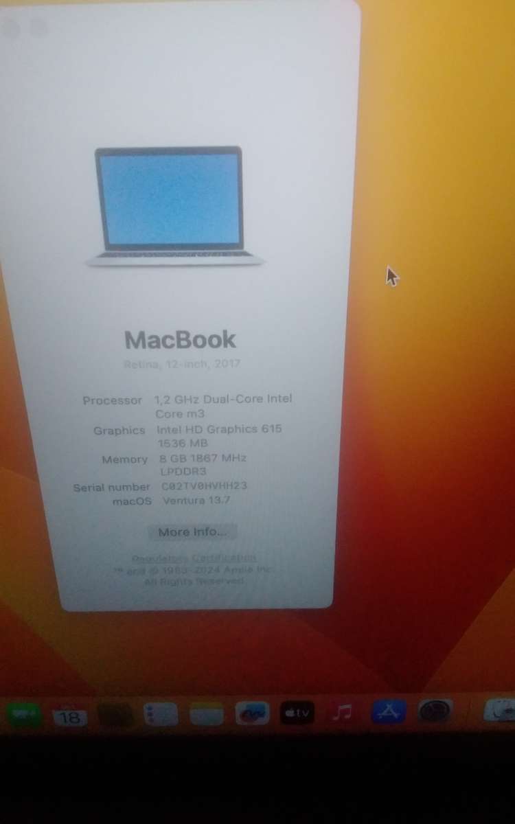 MacBook A1534 12" M3, 8GB, 256GB M.2 SSD, 1.5GB GPU, Ventura 13.7, Battery Last 10 Days, No icloud