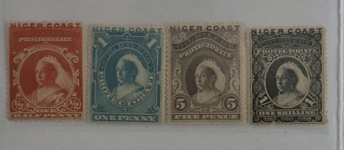 Set of 4 1894 Mint British Niger Coast Protectorate stamps and 1 Used stamp