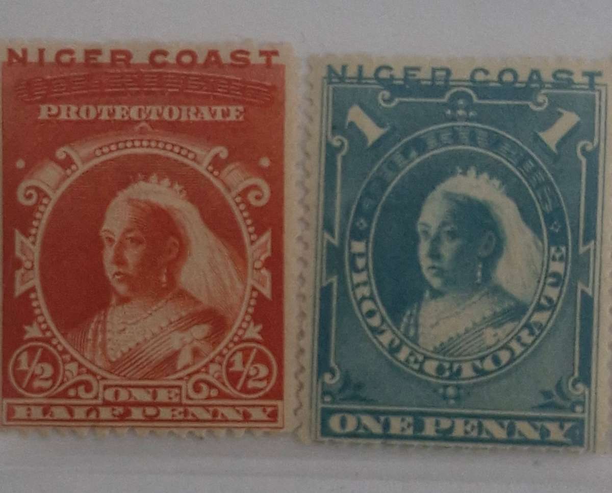 Set of 4 1894 Mint British Niger Coast Protectorate stamps and 1 Used stamp