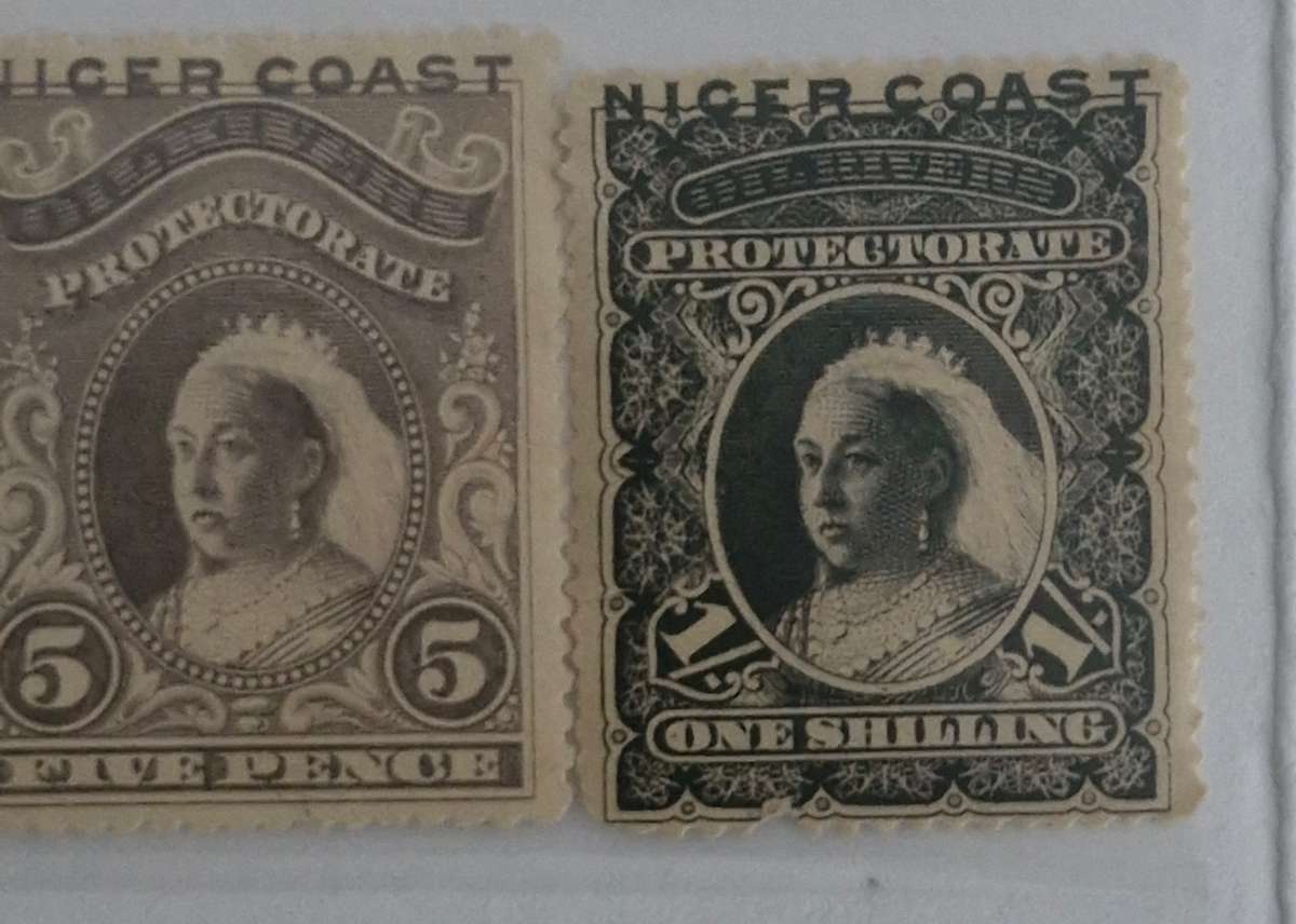 Set of 4 1894 Mint British Niger Coast Protectorate stamps and 1 Used stamp