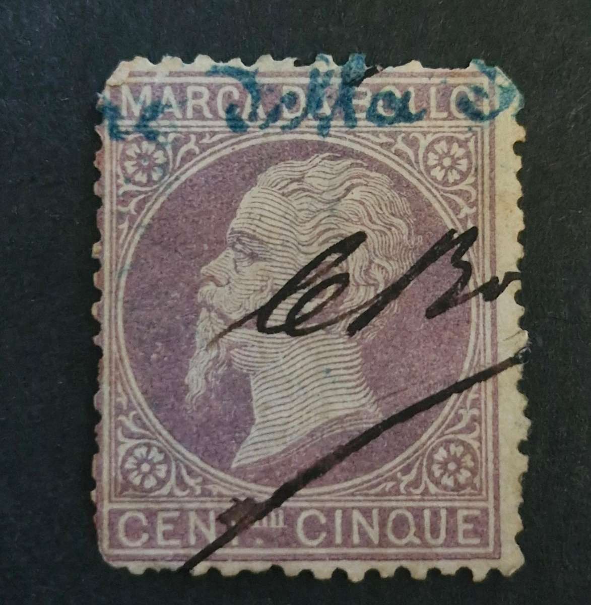1872 - Italy 5 cent Revenue stamp.  Signed with wording that looks like "...Delta..."