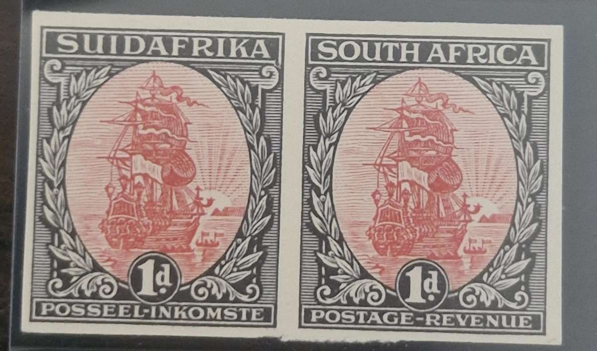 1924 PROOF SOUTH AFRICAN PAIR OF IMPERFORATE VAN RIEBEECK SHIP 1D STAMPS