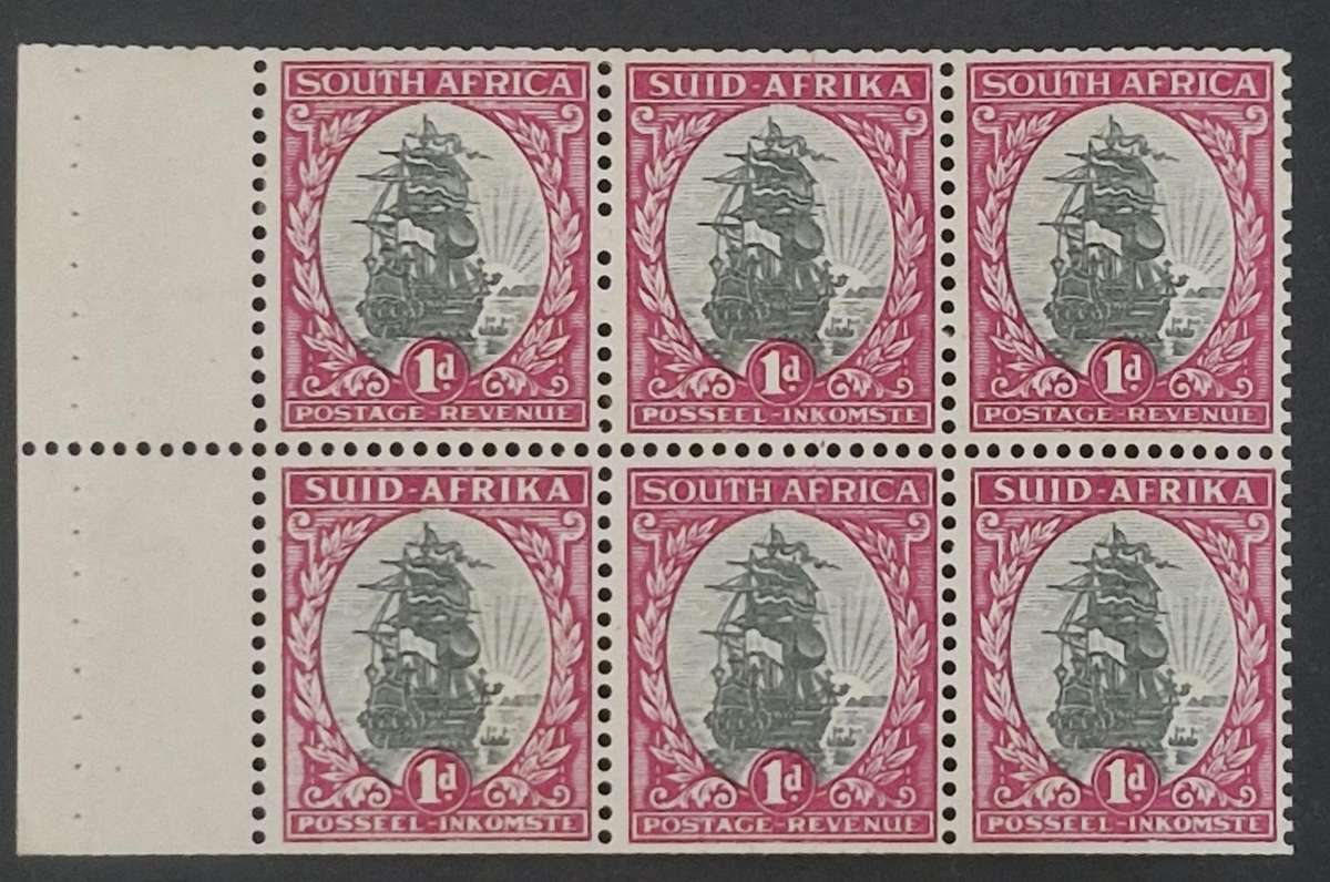 Corner block of 6 x 1d Van Riebeeck ship stamps - Bottom row imperforate