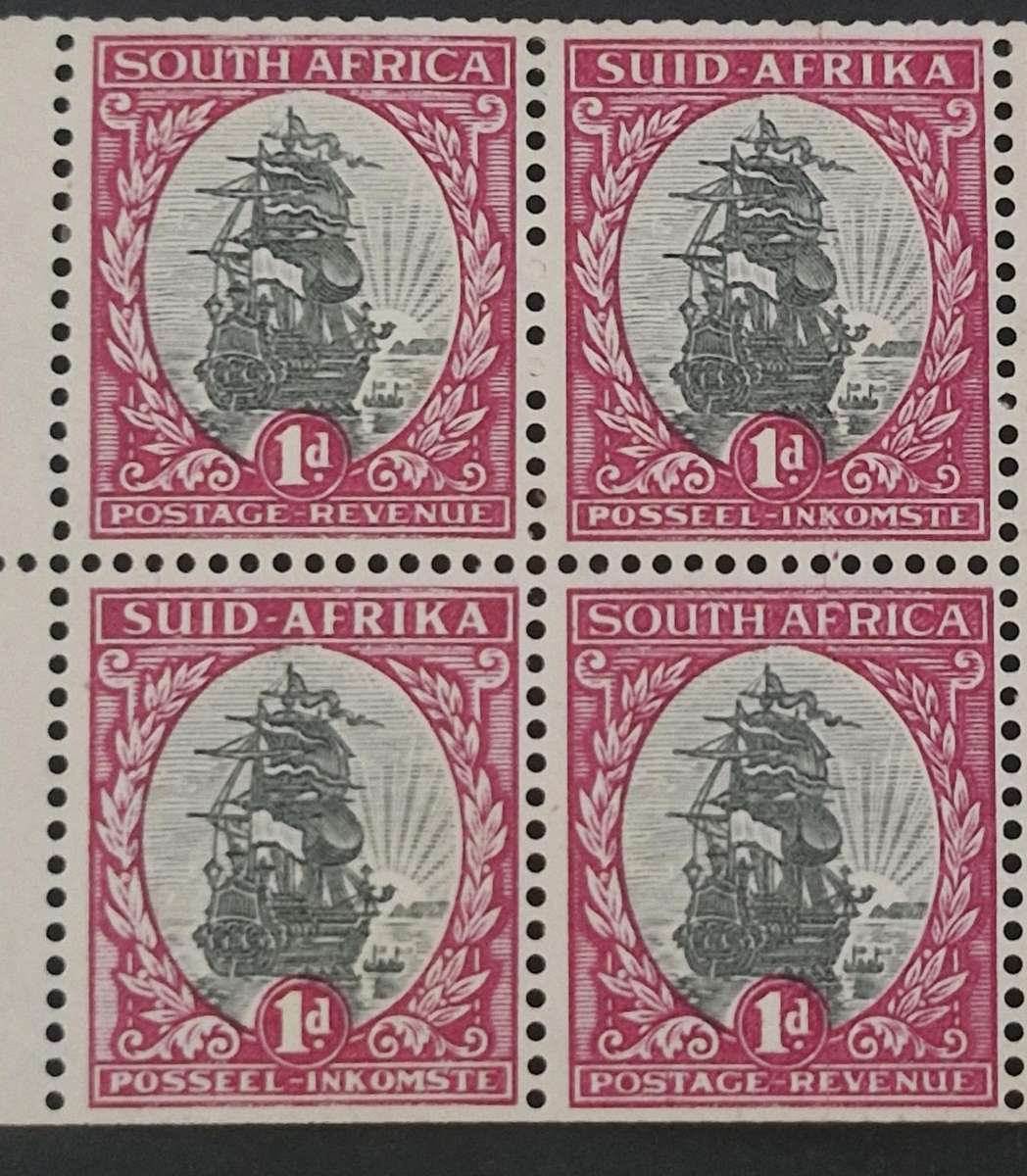 Corner block of 6 x 1d Van Riebeeck ship stamps - Bottom row imperforate
