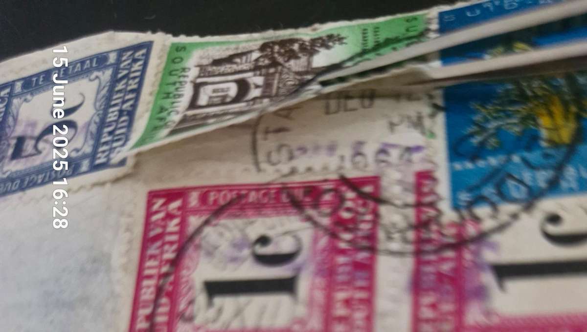 Stamps with 4 different cancellations- USAirmail, South African Postage, & SA postage due stamp