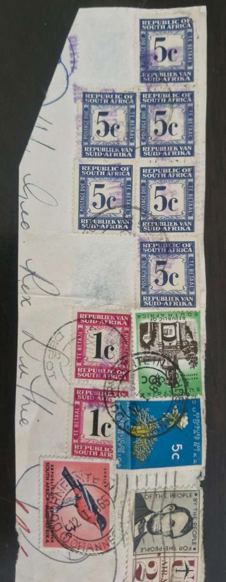 Stamps with 4 different cancellations- USAirmail, South African Postage, & SA postage due stamp