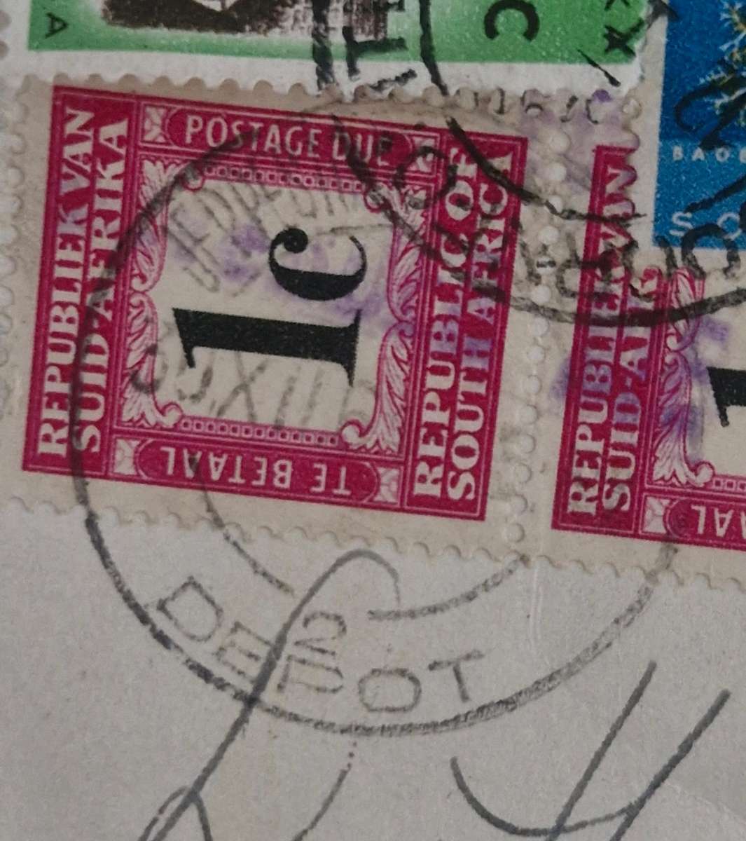 Stamps with 4 different cancellations- USAirmail, South African Postage, & SA postage due stamp