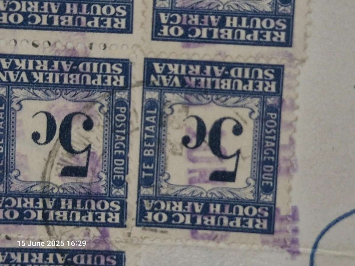 Stamps with 4 different cancellations- USAirmail, South African Postage, & SA postage due stamp