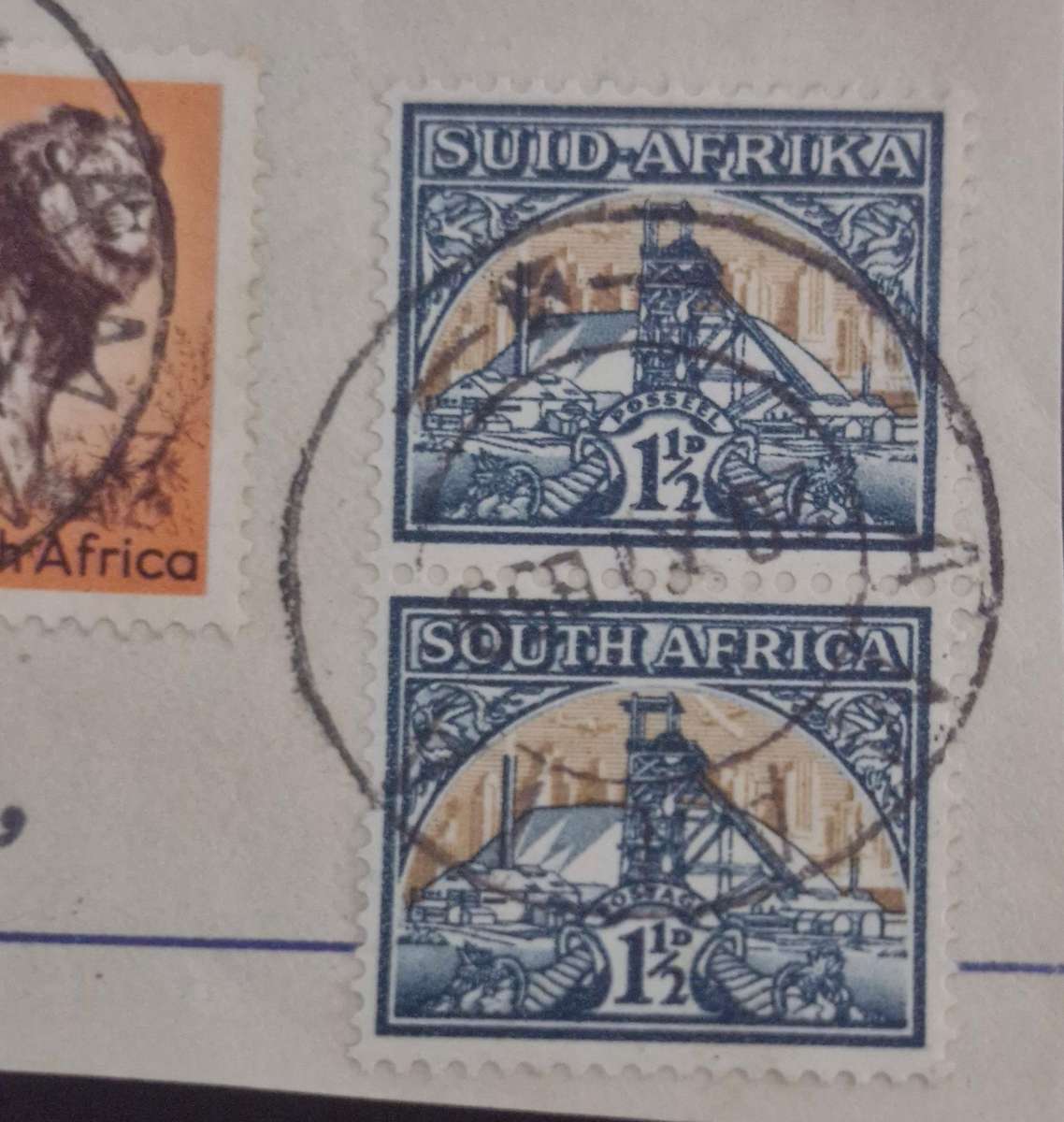 AN AMAZING FIND - 1941 1/2D WITH 1954 6D ON PAPER - CANCELLATION MARK IS FROM AMALIA - VERY RARE!!!