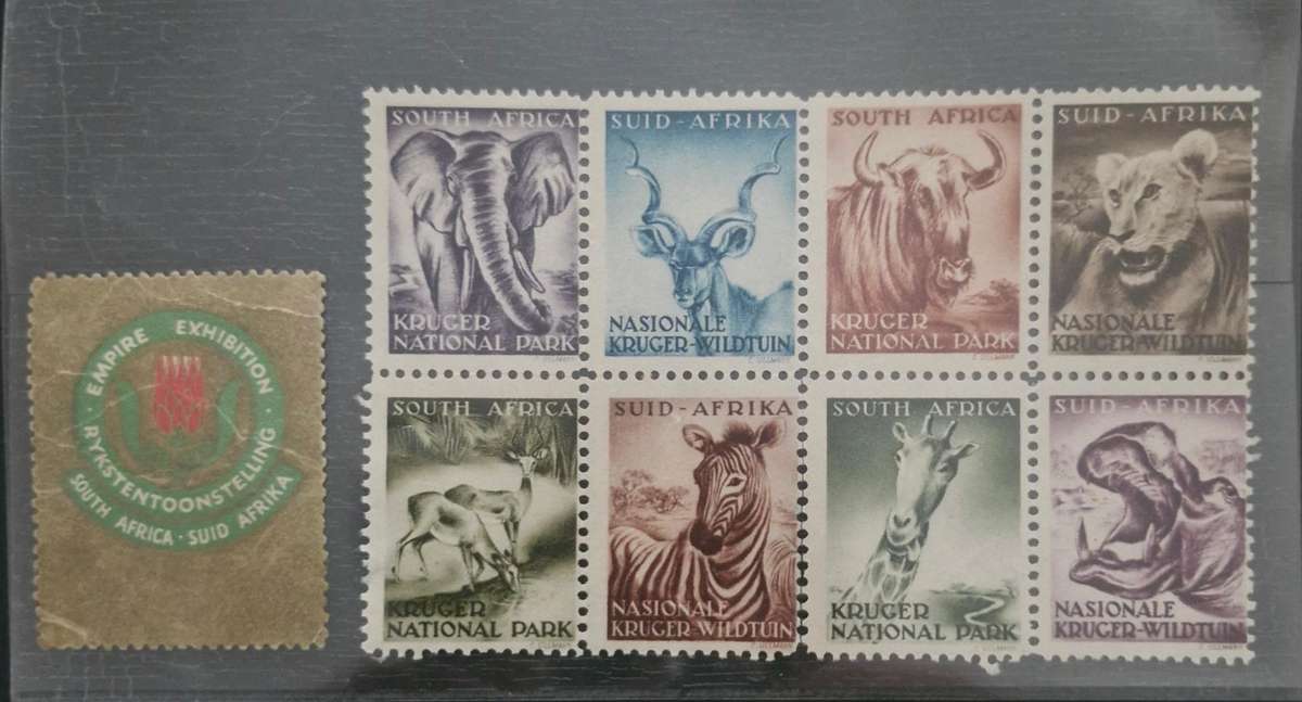 1937 South Africa Empire Exhibition Gold stamp with Kruger National park cinderella stamp set