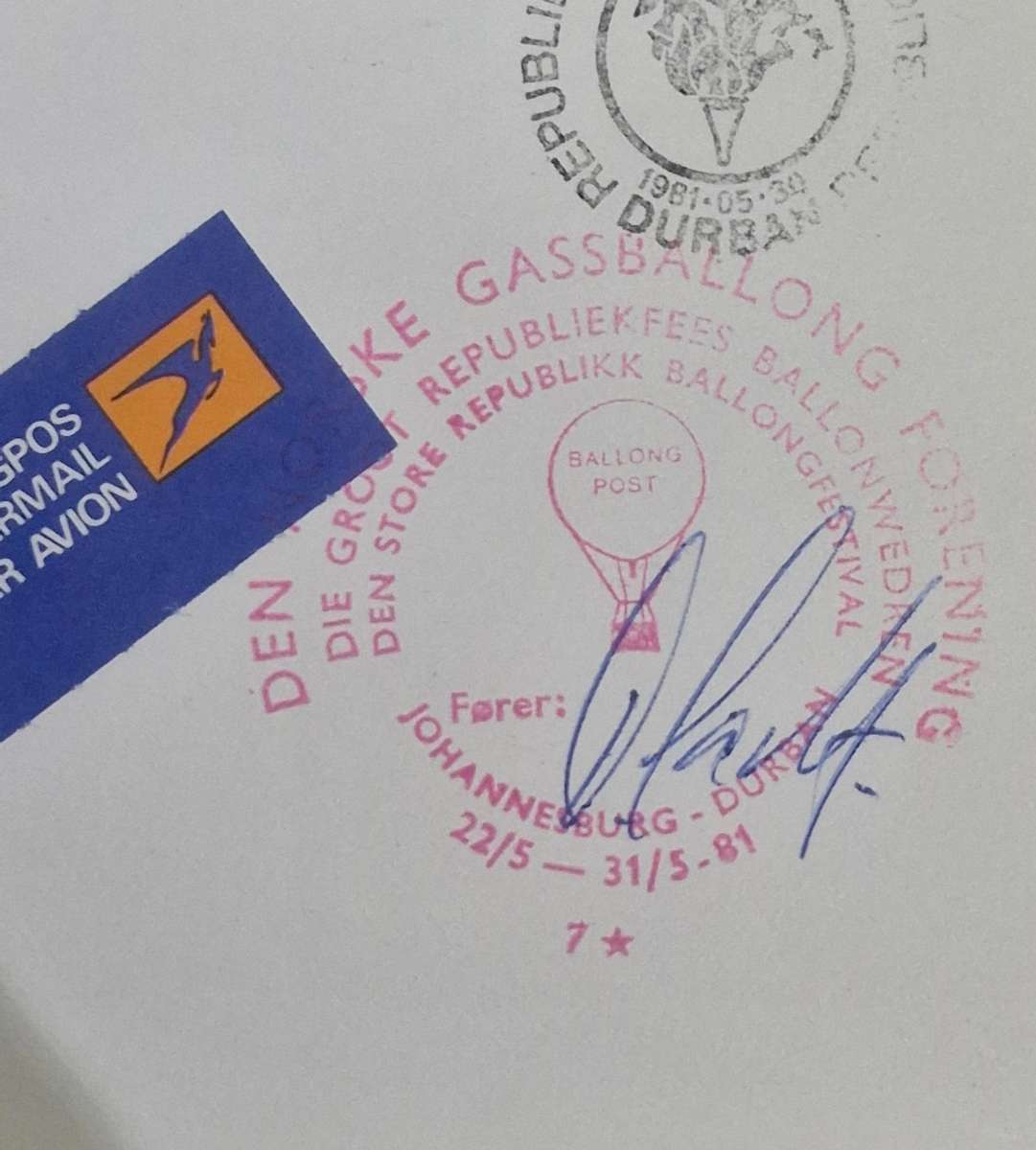 SA Balloon post Commemorative cover - Great Republic Festival 1981, original signature of the farer