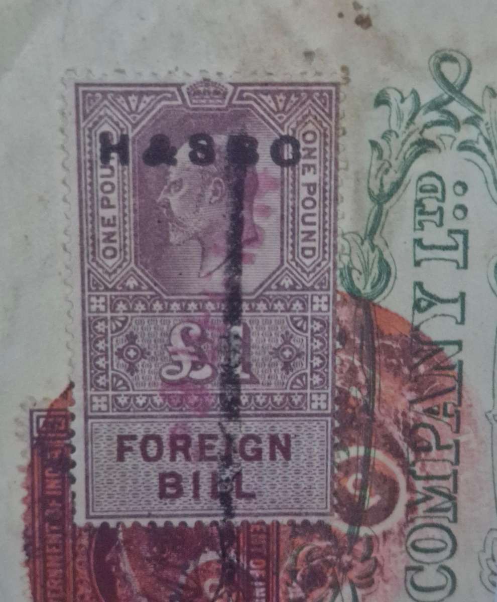 1902 British King Edward 1 pound Foreign bill stamp with Government of India 6 Rupees Revenue stamp