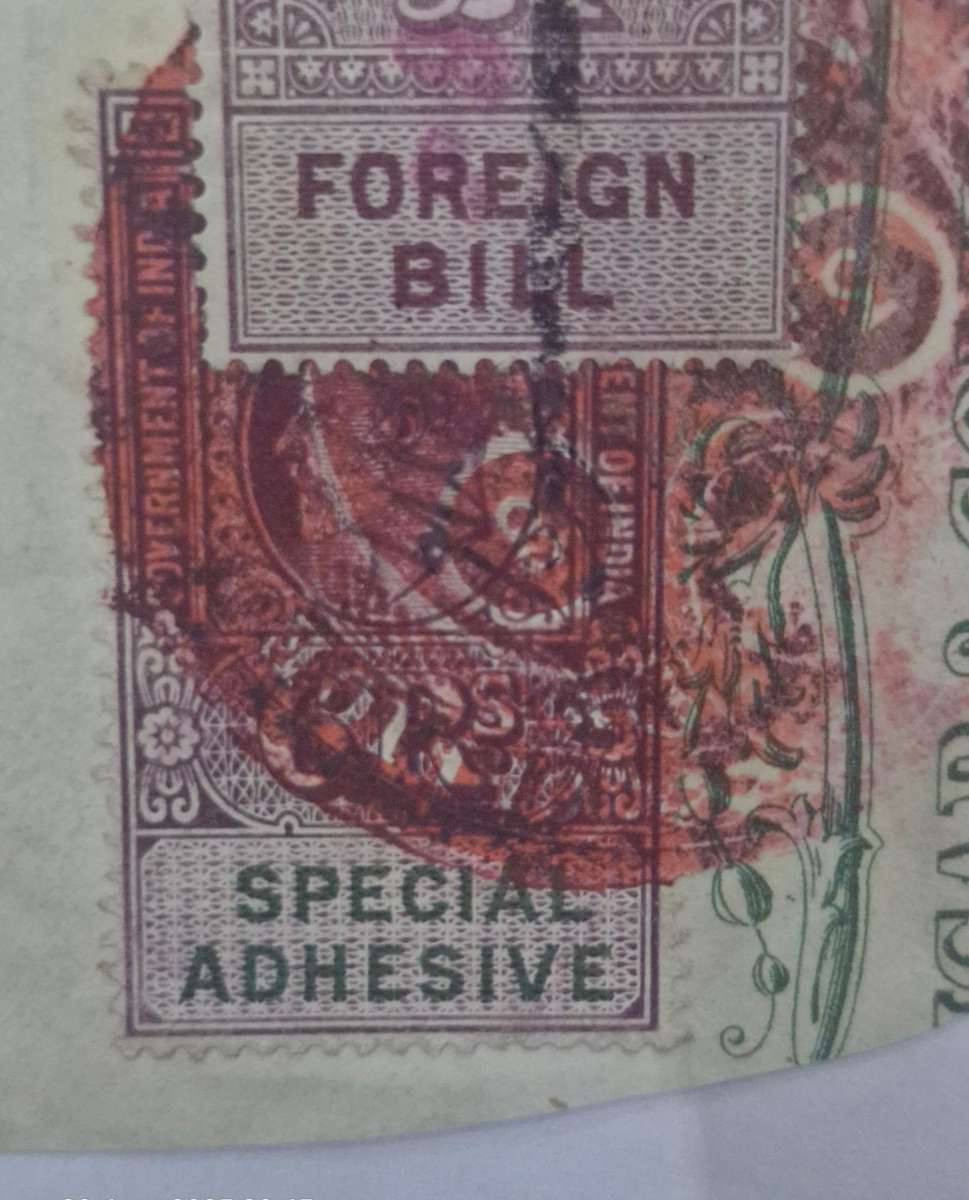 1902 British King Edward 1 pound Foreign bill stamp with Government of India 6 Rupees Revenue stamp