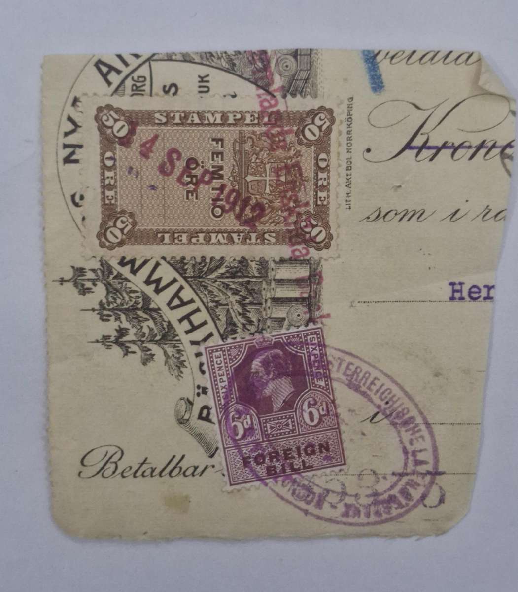 British King Edward VII 6d Foreign bill and Swedish 50 Ore Revenue stamp on paper