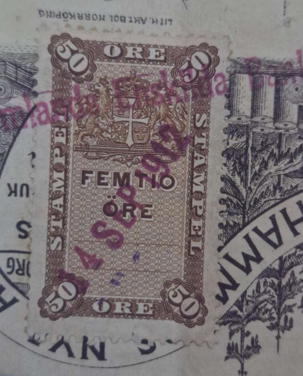 British King Edward VII 6d Foreign bill and Swedish 50 Ore Revenue stamp on paper