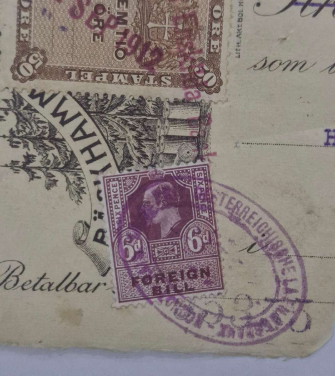 British King Edward VII 6d Foreign bill and Swedish 50 Ore Revenue stamp on paper