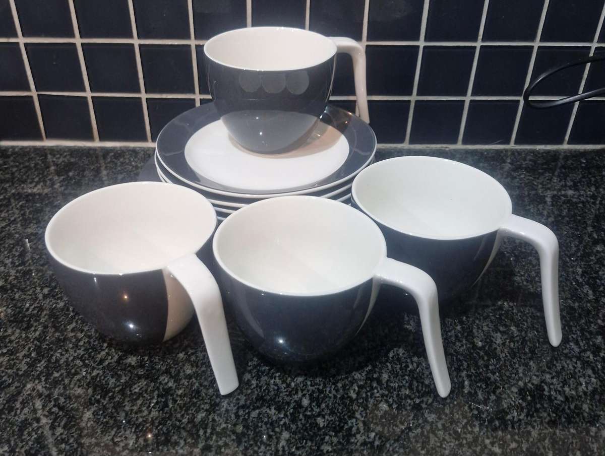Stunning 12 piece retro coffee cups, saucers and side plates in charcoal and white