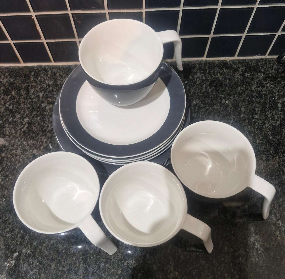 Stunning 12 piece retro coffee cups, saucers and side plates in charcoal and white