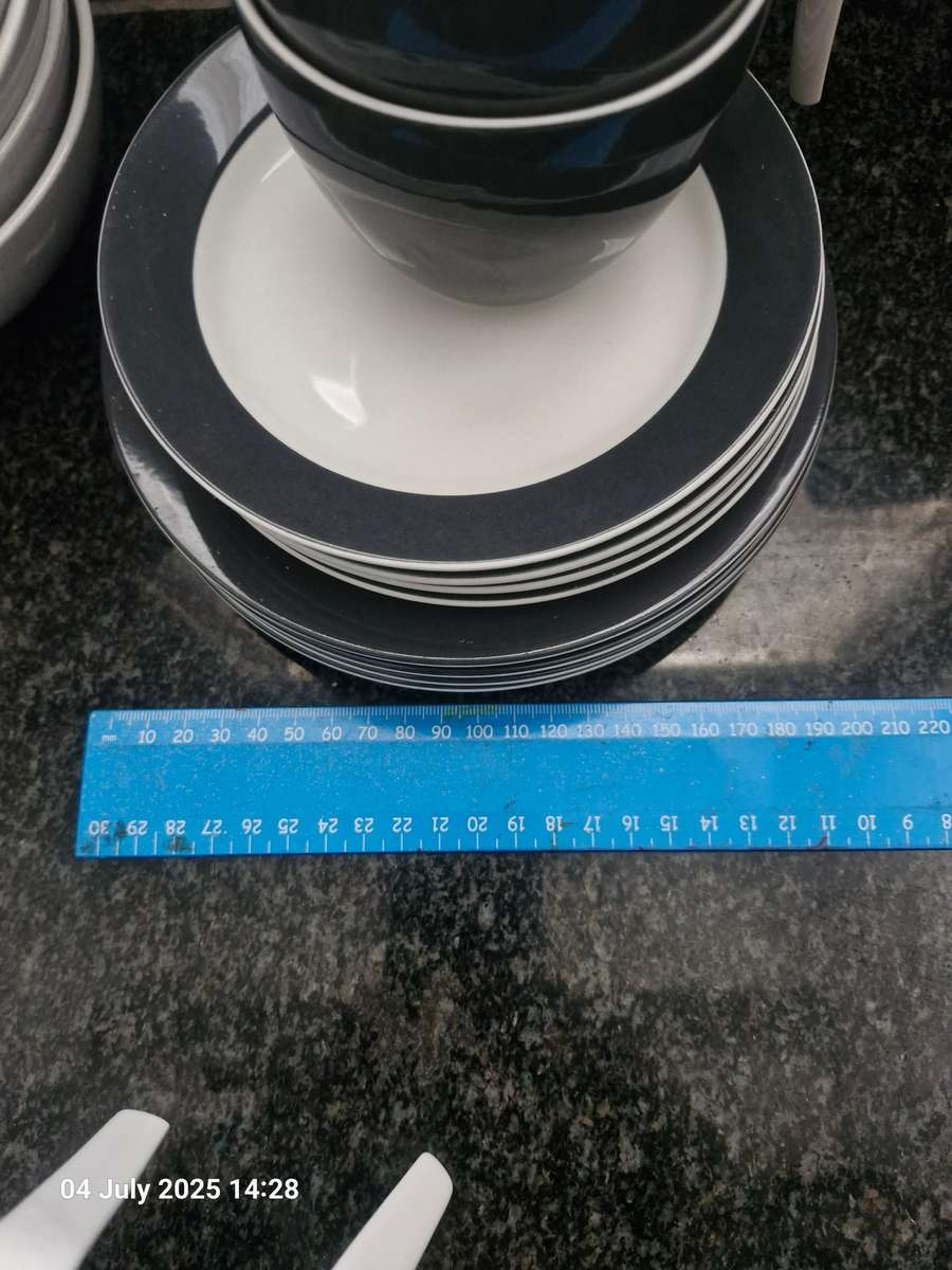 Stunning 12 piece retro coffee cups, saucers and side plates in charcoal and white