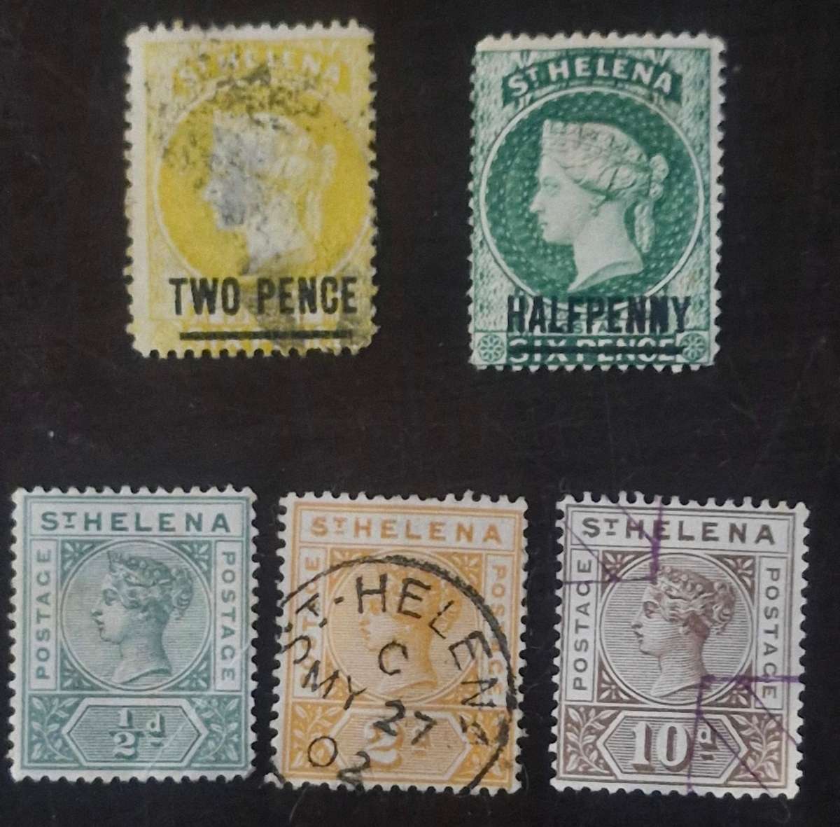 Great selection of St. Helena stamps including 1864 6d overprint 2 Pence Queen Victoria