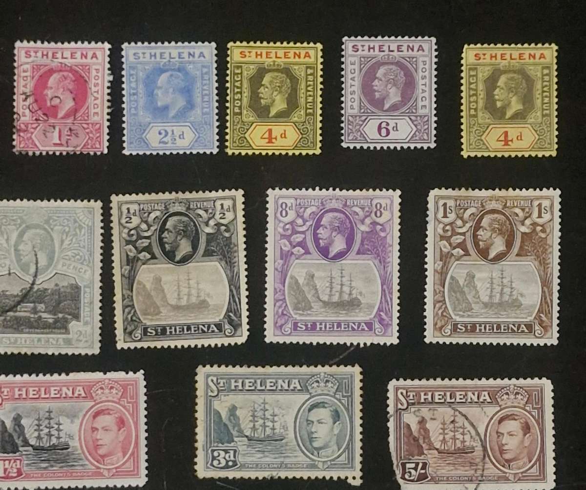 Great selection of St. Helena stamps including 1864 6d overprint 2 Pence Queen Victoria