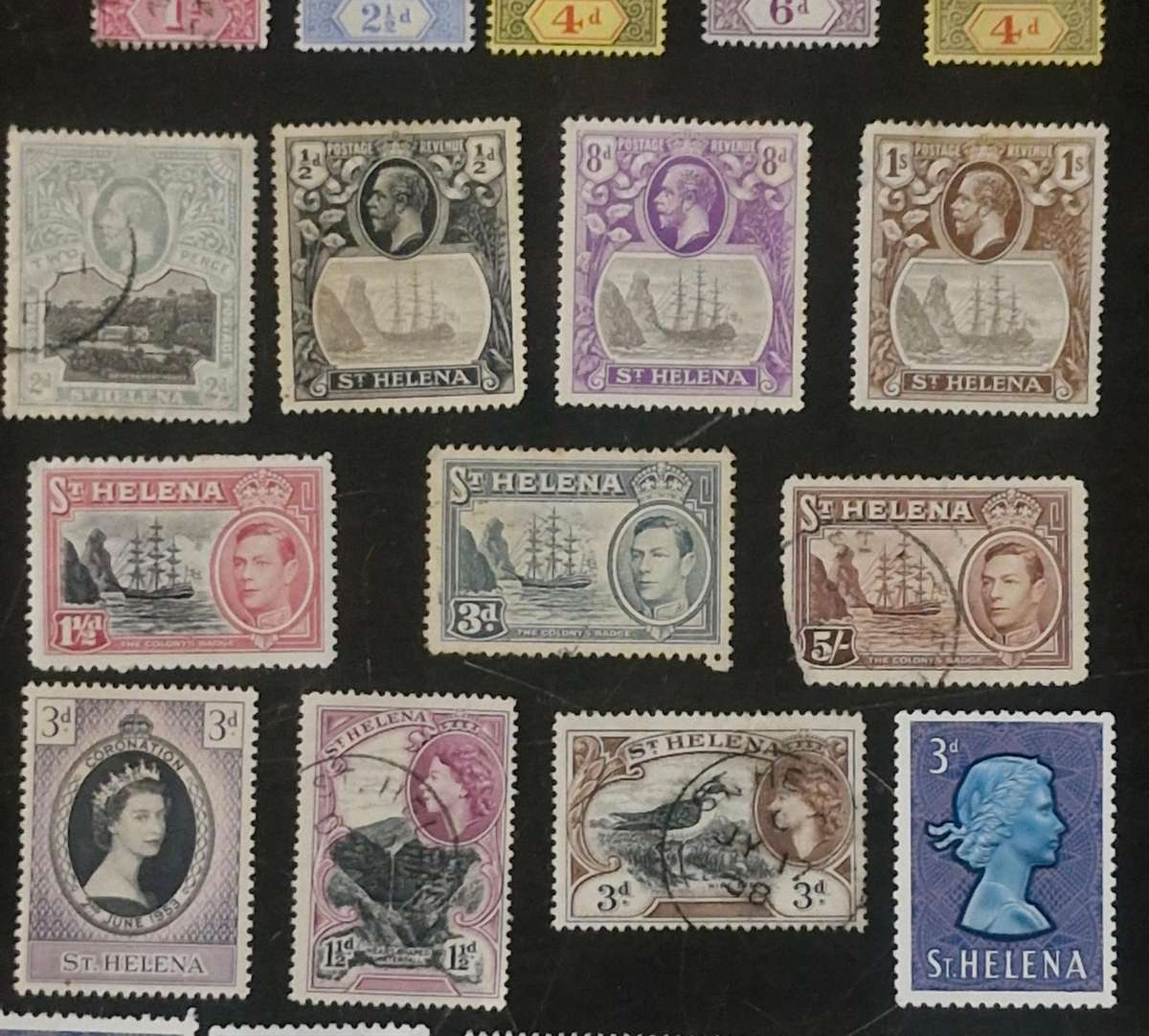 Great selection of St. Helena stamps including 1864 6d overprint 2 Pence Queen Victoria
