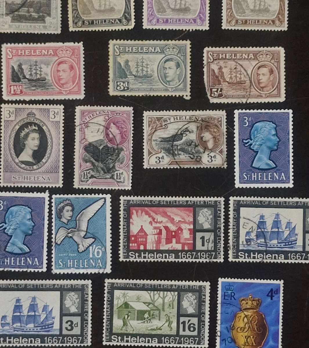 Great selection of St. Helena stamps including 1864 6d overprint 2 Pence Queen Victoria