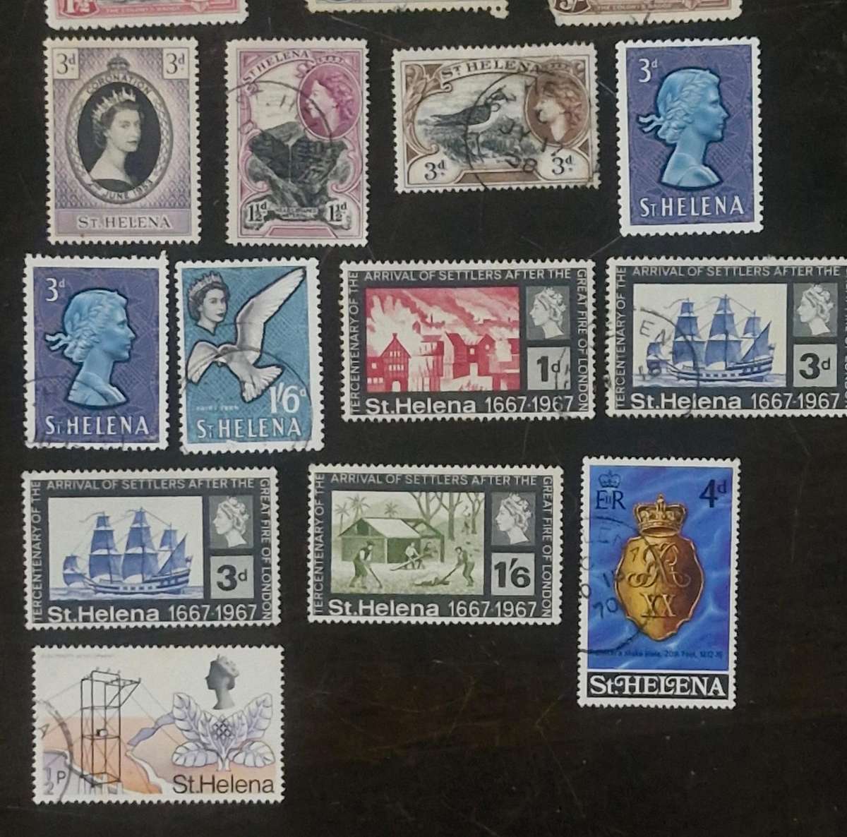 Great selection of St. Helena stamps including 1864 6d overprint 2 Pence Queen Victoria