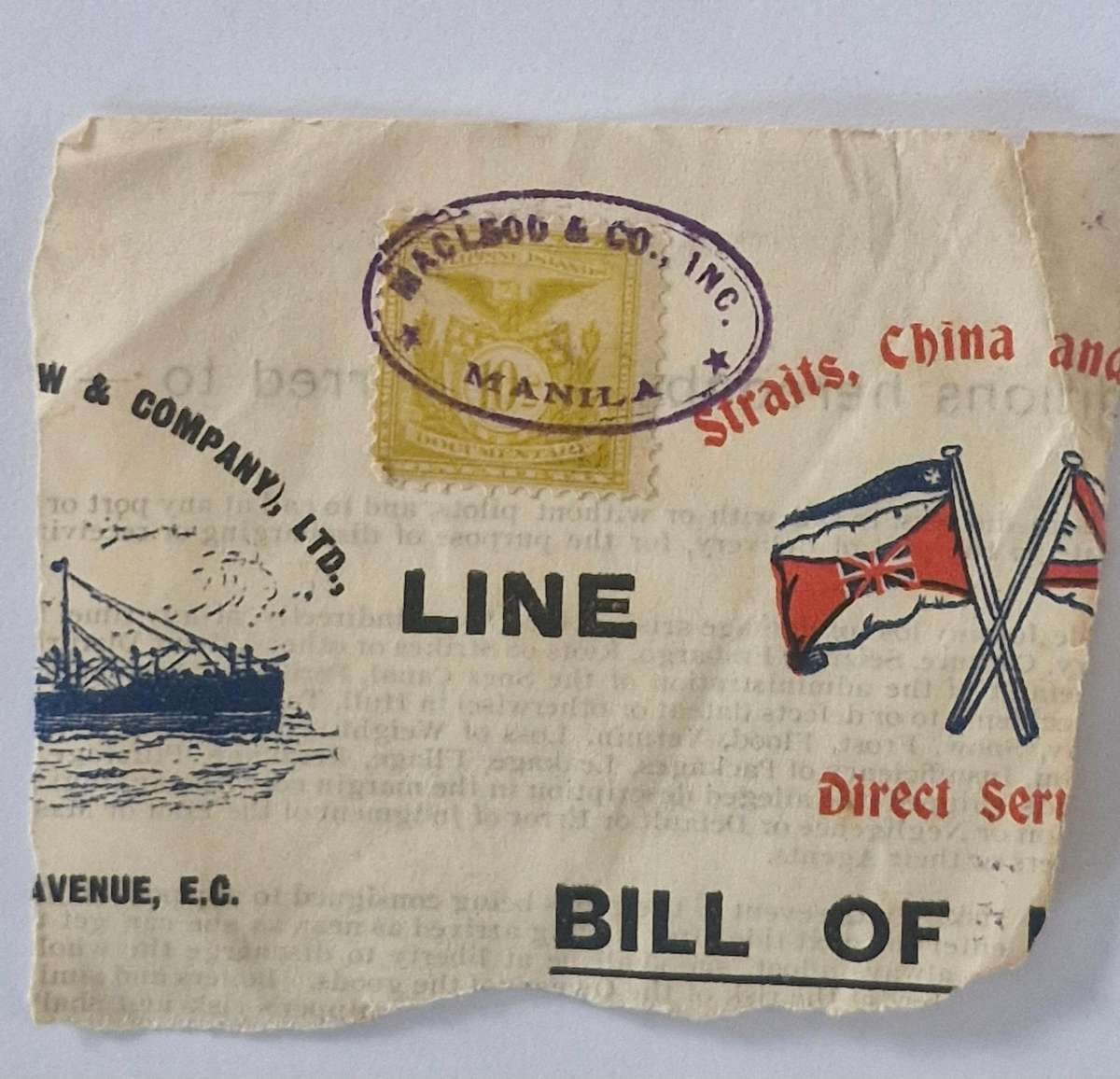 Interesting 1919 Manila Phillipines Island 10c Documentary Revenue stamp on piece