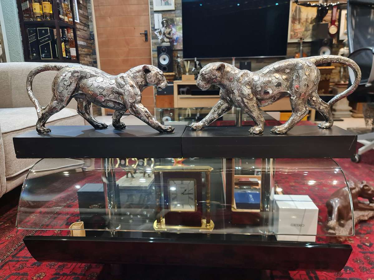 Silver Stalking Leopards  on Wooden Base