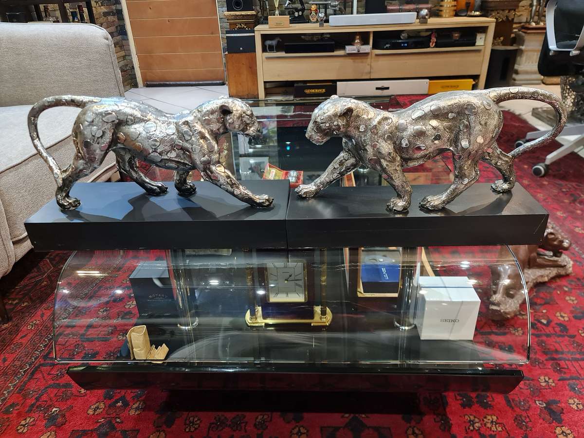 Silver Stalking Leopards  on Wooden Base